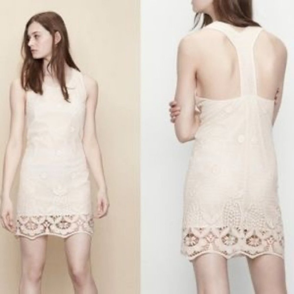 Maje Paris Creme Ecru Rye crochet sleeveless  mini dress lace hem racerback 3